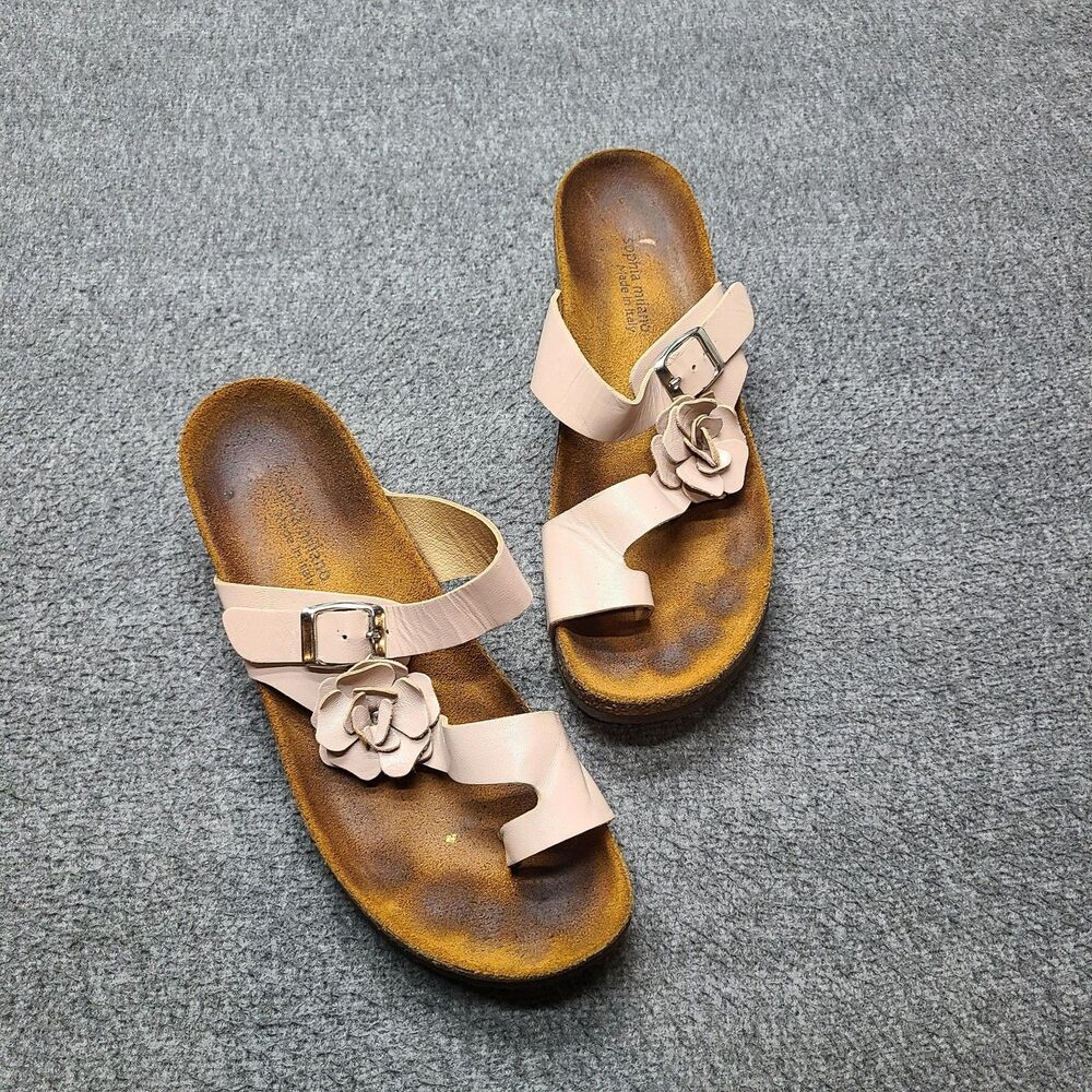 Sophia Milano Shoes Womens Size 10 Pink Leather‎ Flower Slide Sandals Made Italy